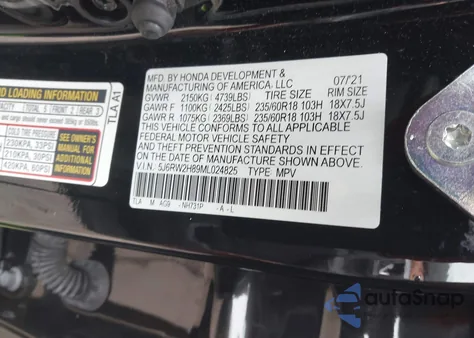 2021 Honda Cr-V Awd Ex-L из США, поврежденный, VIN 5J6RW2H89ML024825